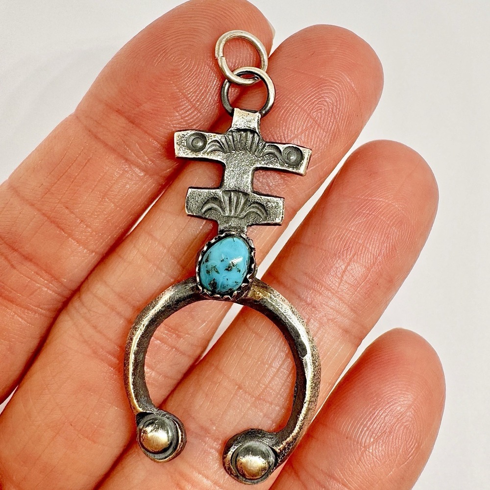 Navajo Naja Cross Pendant Turquoise‎ 2in Signed Billah Sterling Squash Blossom